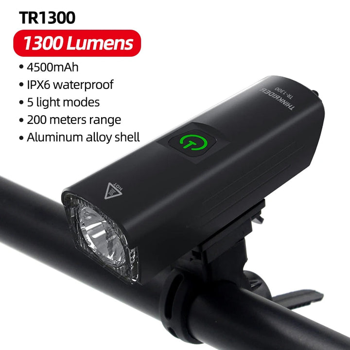 Ultra-Bright 1300 Lumen LED Bike Headlight – USB Charging & Power Bank Functionality