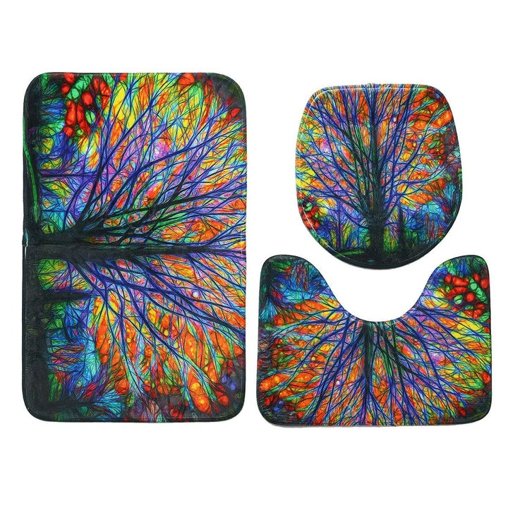 3Pcs Christmas Colorful Tree Mat Bathroom Rug Anti-slip Lid Toilet Cover Bath Mat Pedestal Rug