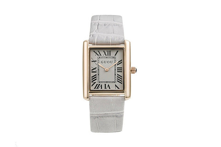 Quartz Watch Rectangular Leather With Retro Roman Index