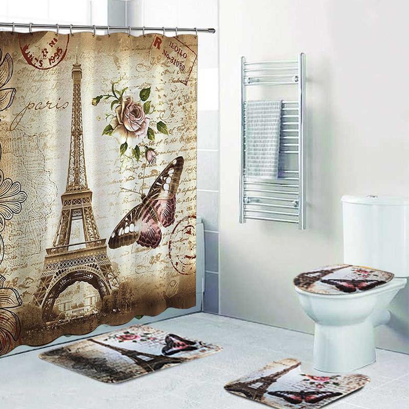 180x200cm Paris Bathroom Shower Curtains Eiffel Tower Waterproof Fabric & Hooks