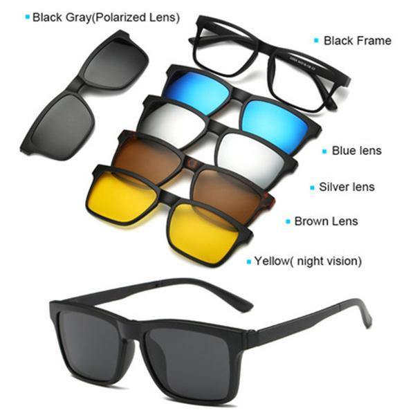 5 in 1 TR-90 Polarized Magnetic Glasses Clip On Magnetic Lens Sunglasses UV-proof Night Vision with Leather Bag - MRSLM