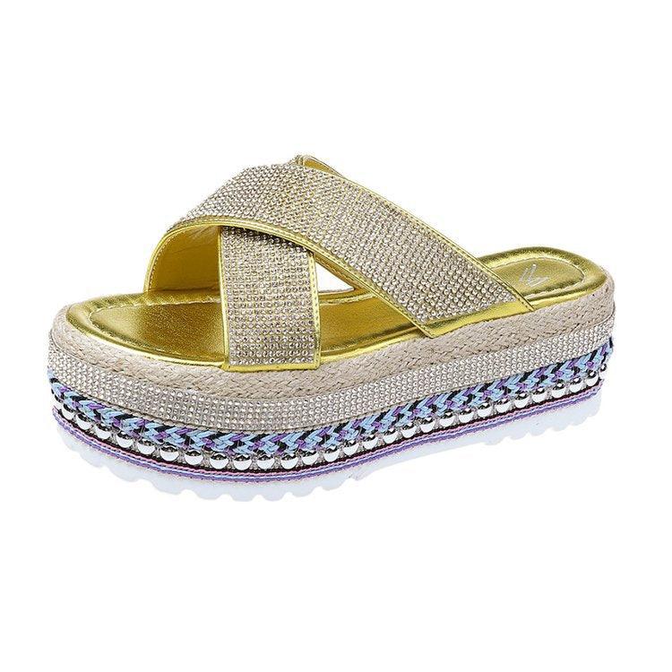 Cross Rhinestone Woven Waterproof Platform Toe Women's Slippers