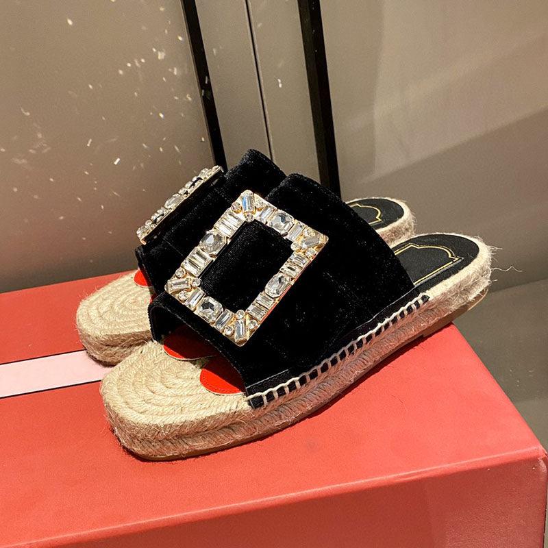 Women's Rhinestone Square Buckle Hemp Rope Slippers