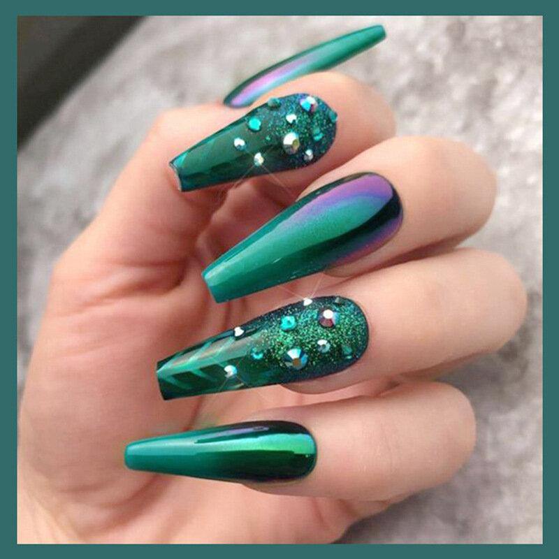 20 Pcs/Set Extra Long Coffin False Nail Inlaid Diamonds Ballerina Full Cover False Nails - MRSLM