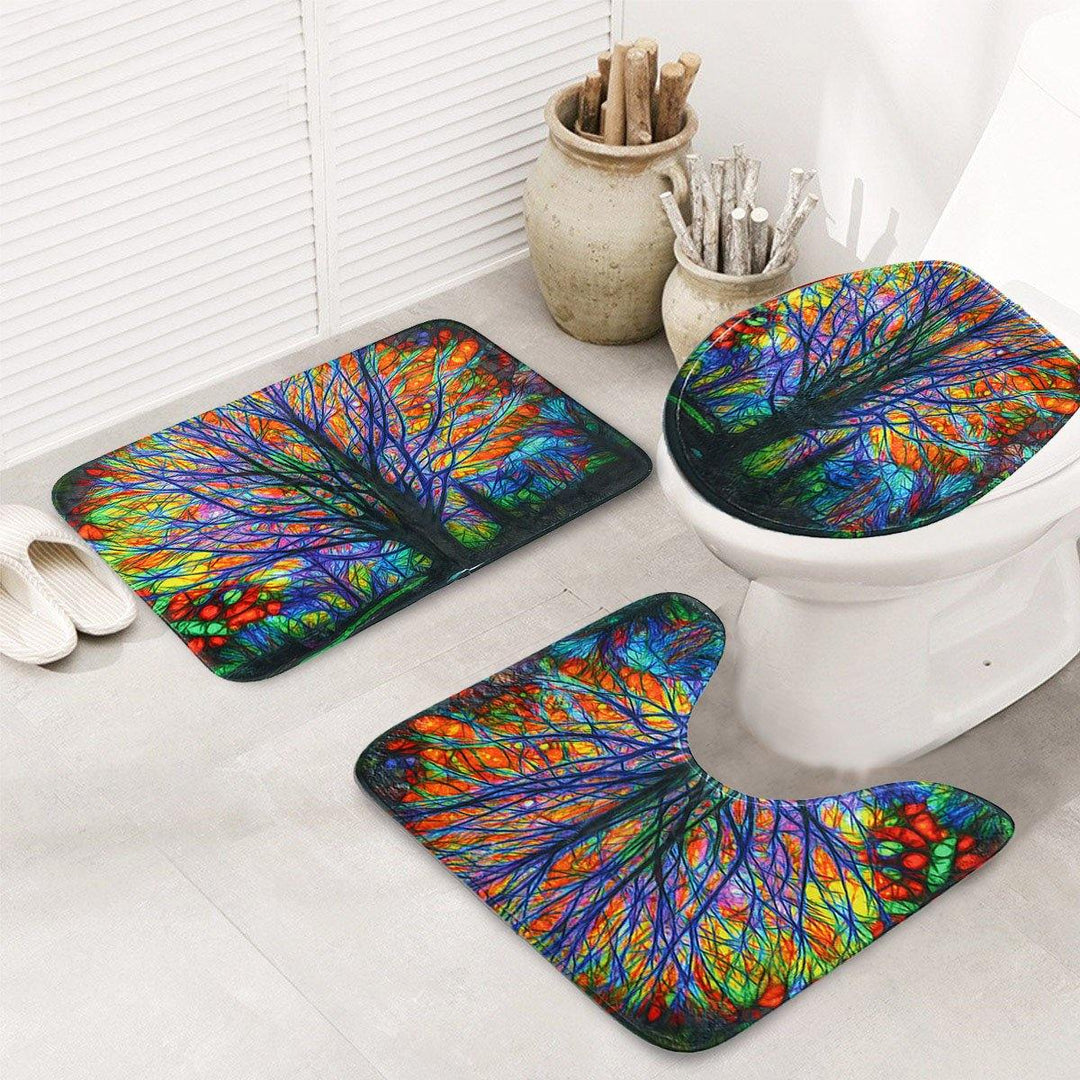 3Pcs Christmas Colorful Tree Mat Bathroom Rug Anti-slip Lid Toilet Cover Bath Mat Pedestal Rug