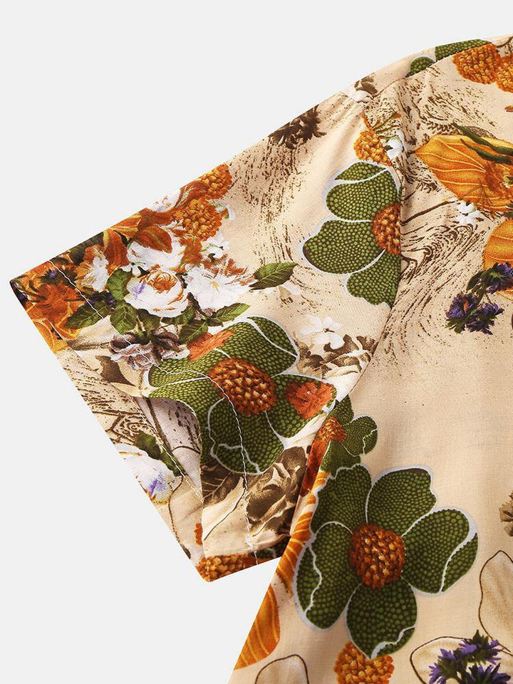 Mens Cotton Floral Oil Printing Turn Down Collar Short Sleeve Shirts