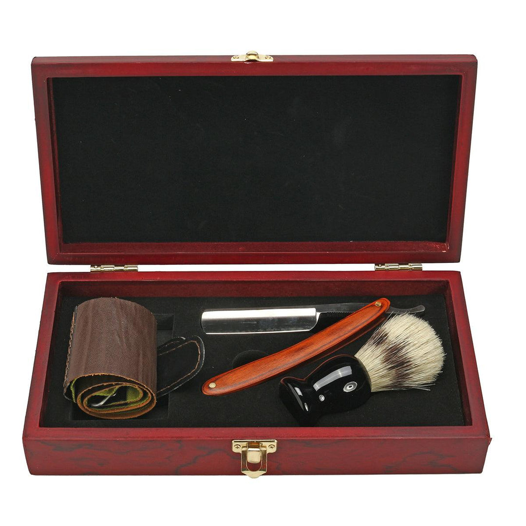 4Pcs Shaver Kit Razor Brush Strop Wooden Box Set