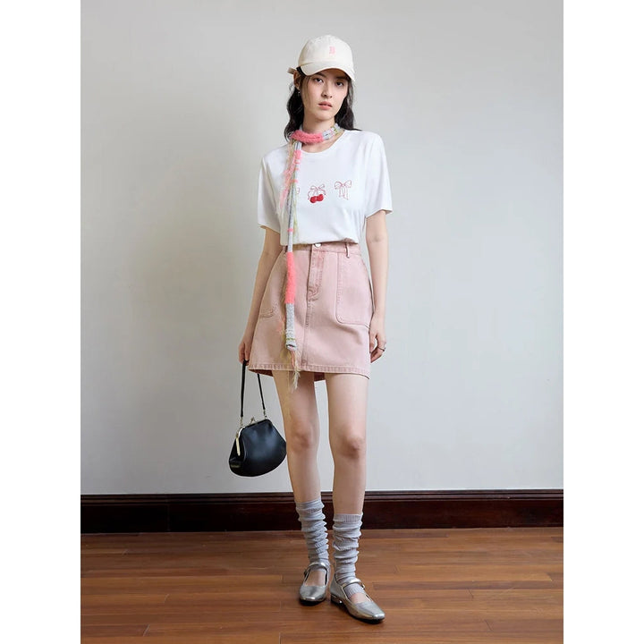 High Waist Pink Denim A-Line Mini Skirt