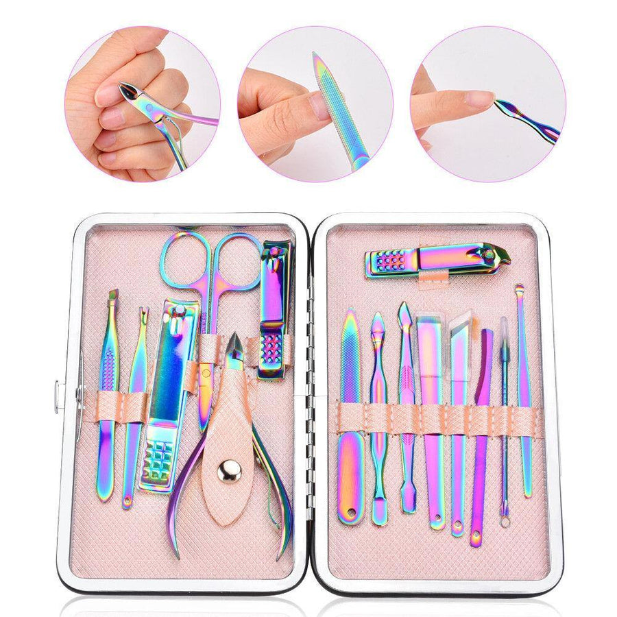 15Pcs Colorful Manicure Tool Set Symphony Stainless Steel Nail Scissors Eyebrow Scissors Dead Skin Pliers - MRSLM