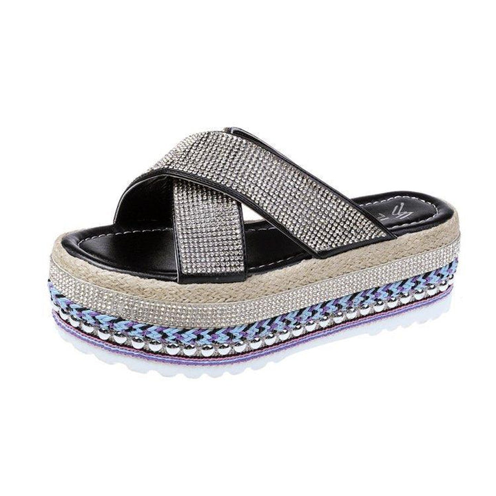 Cross Rhinestone Woven Waterproof Platform Toe Women's Slippers