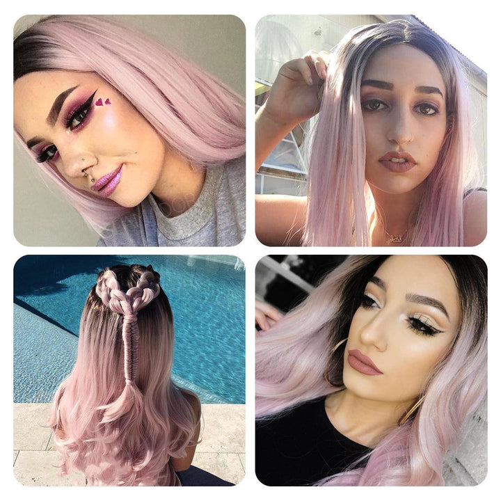 24 Inch T Pink Wig Front Lace Chemical Fiber Wig ladies high temperature silk half hand hook big curly hair