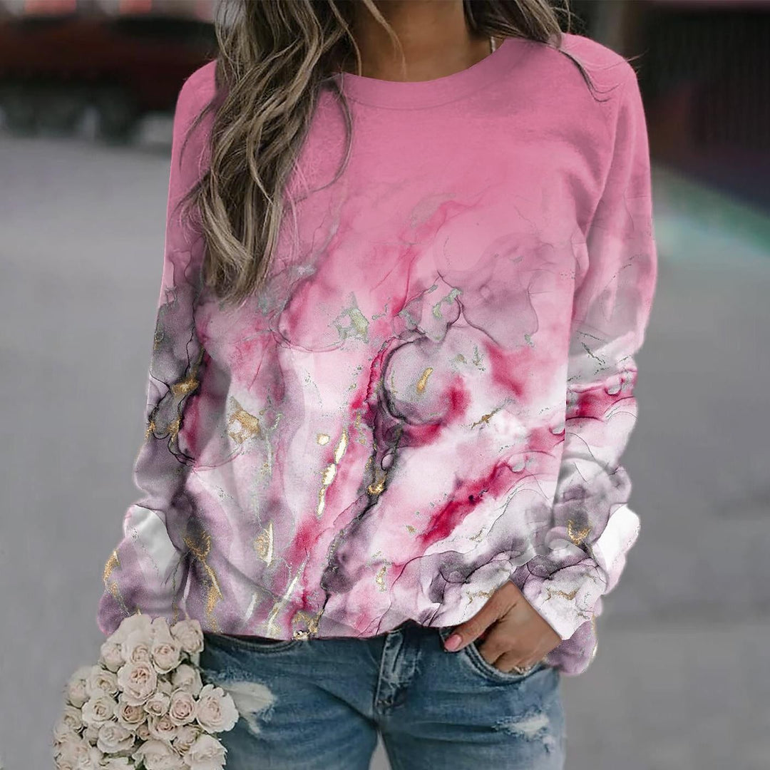 Geometrically Loose Printed Long Sleeved Round Neck Sweater