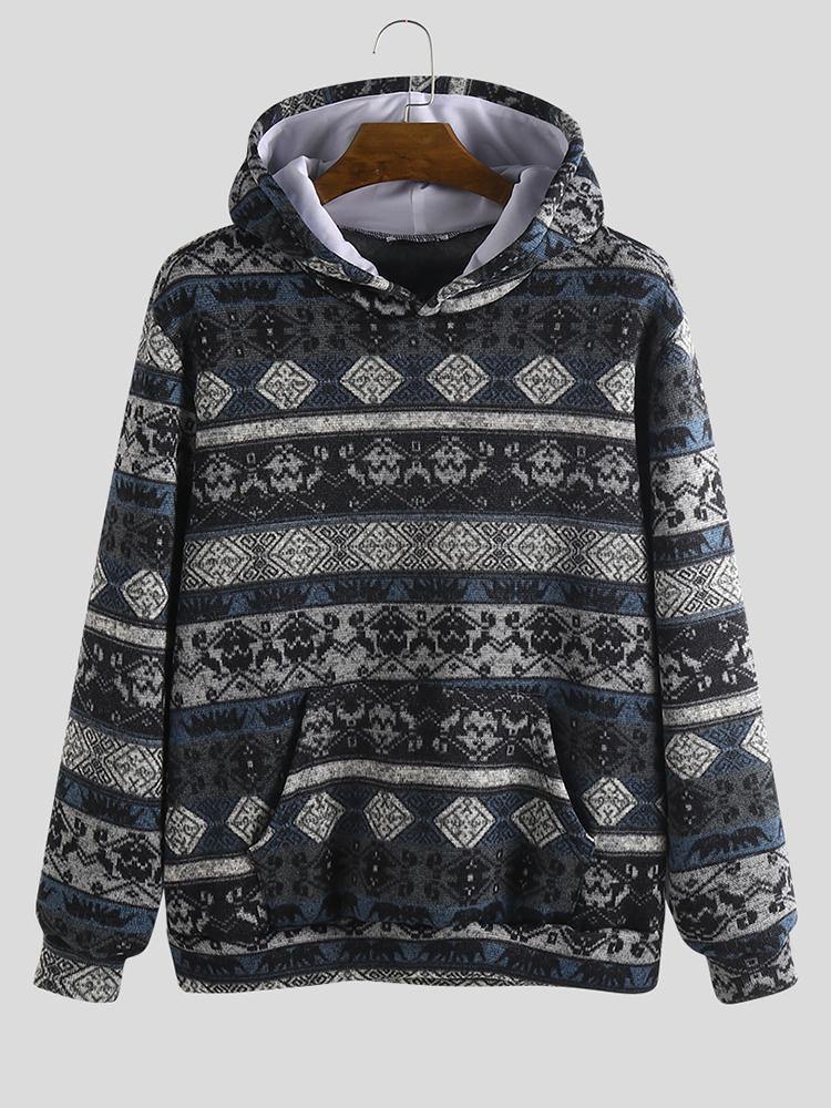 Mens Animal Printed Ethnic Style Casual Pocket Hooded Sweatshirt