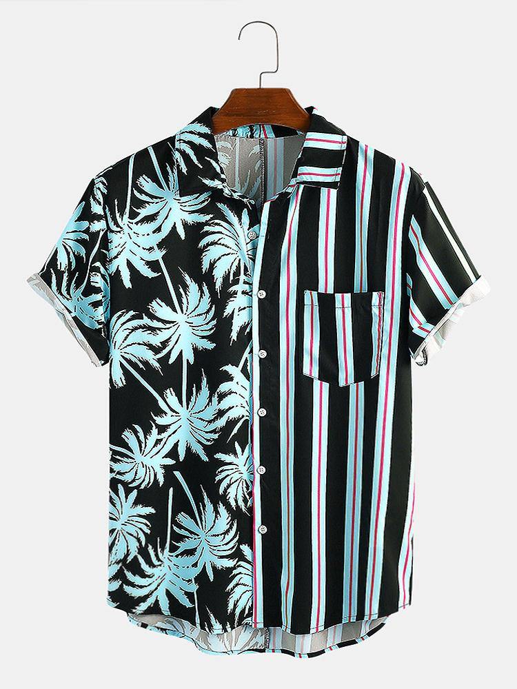 Men Coconut Tree Colorful Stripe Mixed Print Short Sleeve Casual Holiday Shirts