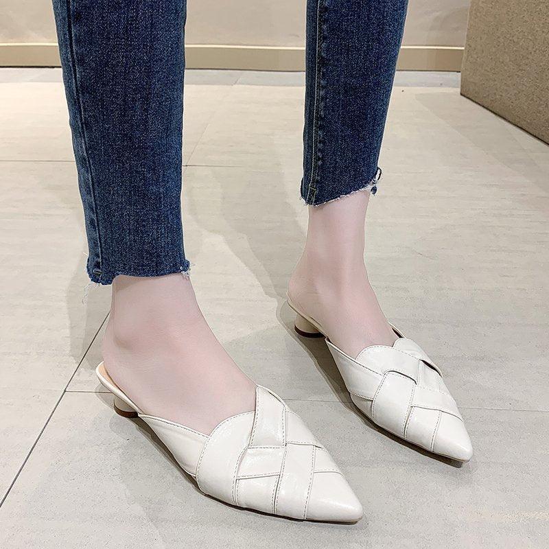 Pointed Soft Leather Sandals Women's Mid-heel Mules