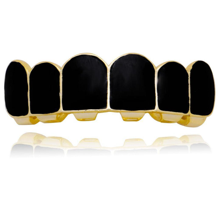 Punk Black Matte Braces Hiphop Grillz Gold Plated Dentures Set Teeth Jewelry - MRSLM