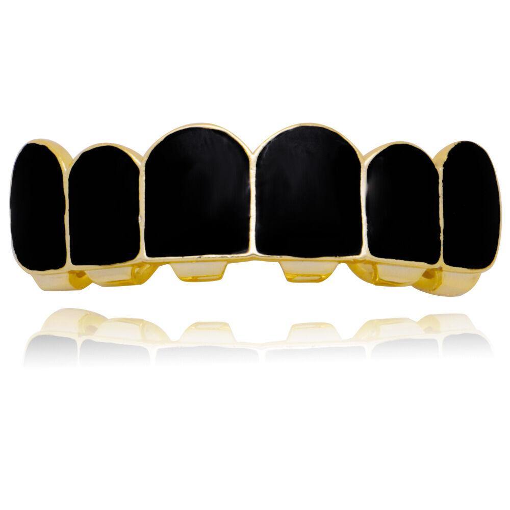 Punk Black Matte Braces Hiphop Grillz Gold Plated Dentures Set Teeth Jewelry