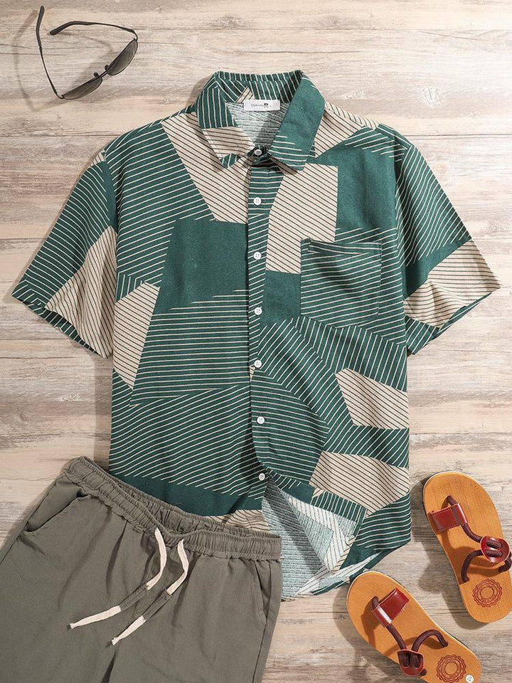 Mens Fashion Color Block Stripe Short Sleeve Casual Shirts