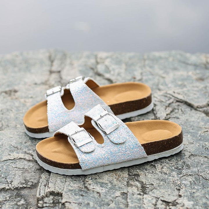 Double buckle flip flop cork slippers