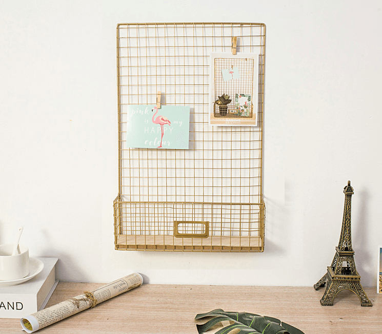 Gold Wall Hanging Storage Rack DIY Iron Mesh Grid Multi-function Photo Display Panel Hanging Home Decorative Shelf Holder