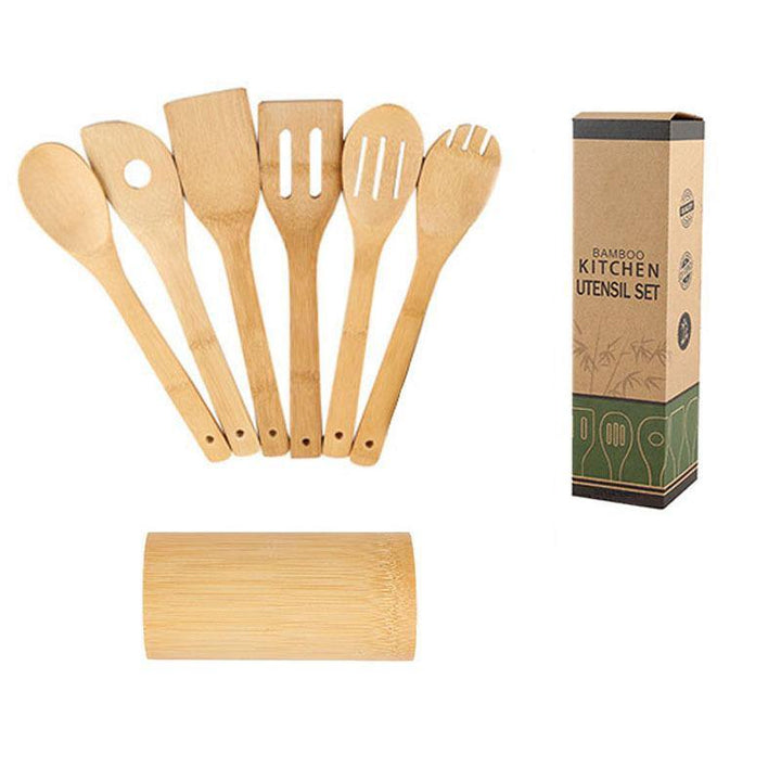 Bamboo Spatula Set with Square Holder Eco-Friendly with Ergonomic Handle Kitchen Utensil - MRSLM