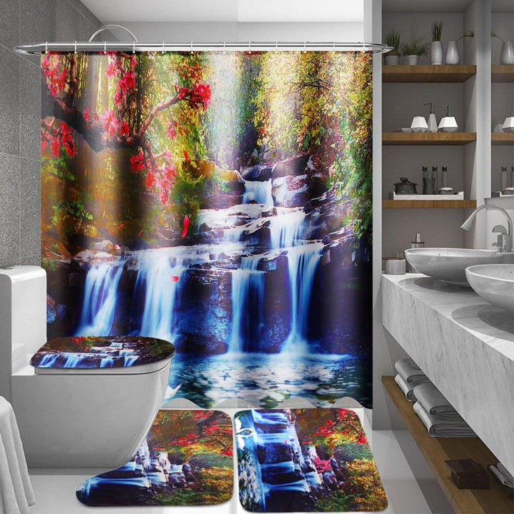 180x180cm Swans Flowers Cascade Waterproof Shower Curtain with 12pcs C-type Hooks Bathroom Set