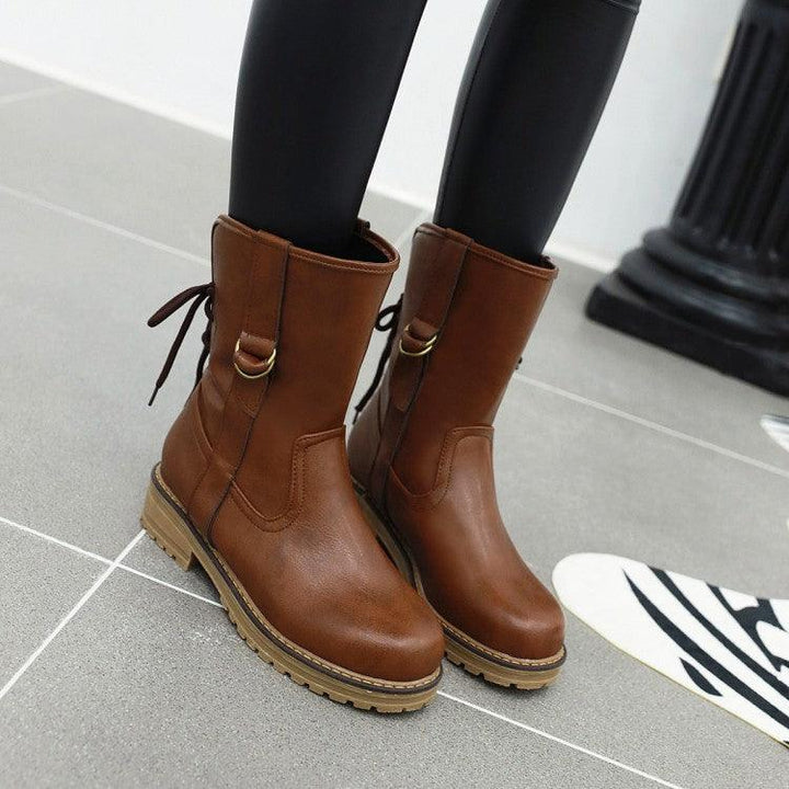 Lace-up round toe low-heel square heel boots