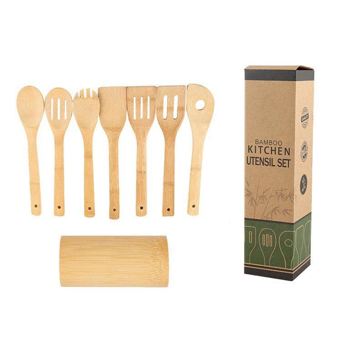 Bamboo Spatula Set with Square Holder Eco-Friendly with Ergonomic Handle Kitchen Utensil - MRSLM