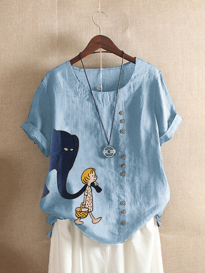 Women's Fashion Cartoon Printed Cotton And Linen Loose Casual Short-sleeved T-shirt