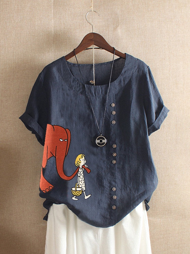 Women's Fashion Cartoon Printed Cotton And Linen Loose Casual Short-sleeved T-shirt