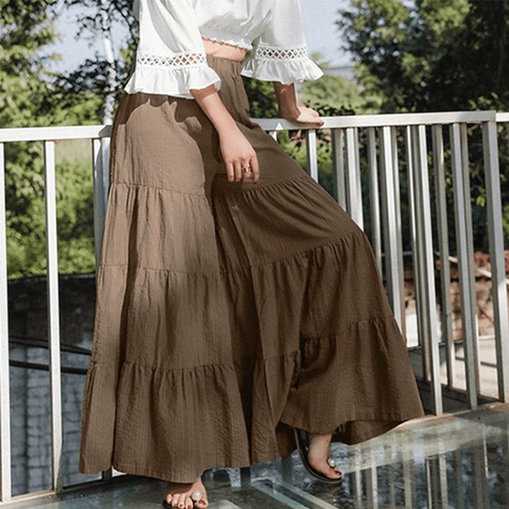 Casual Solid Elastic High Waist Pleated Stitching Wide Leg Pants for Women