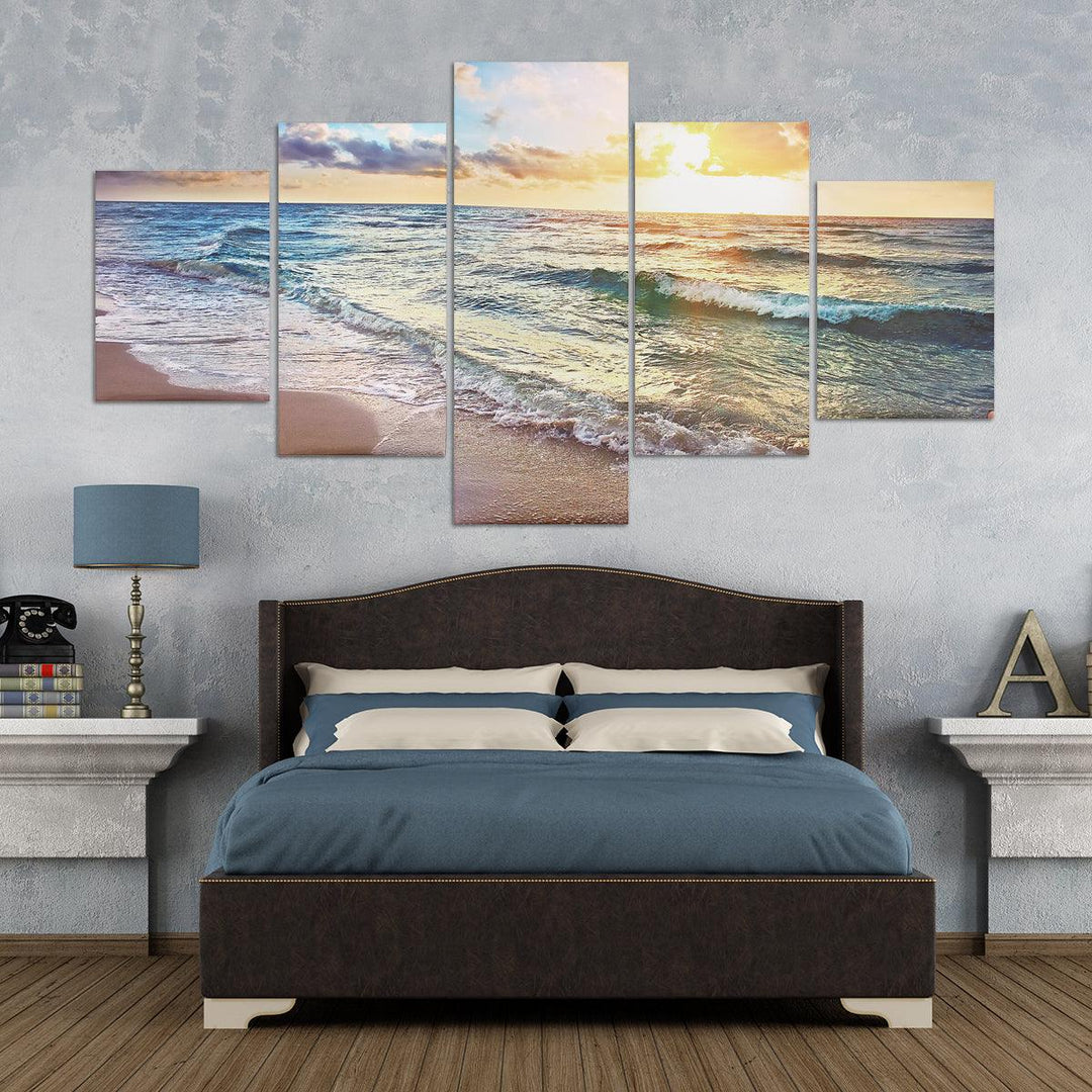 5 Panels Unframed Modern Canvas Seascape Sunrise Art Hanging Picture Room Wall Art Pictures Home Wall Decoration Supplies