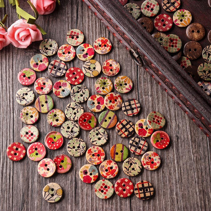 100 PCS Round Pattern Wooden Button Mixed 2 Hole Natural Sewing Children Handmade Clothes Buttons  (1)