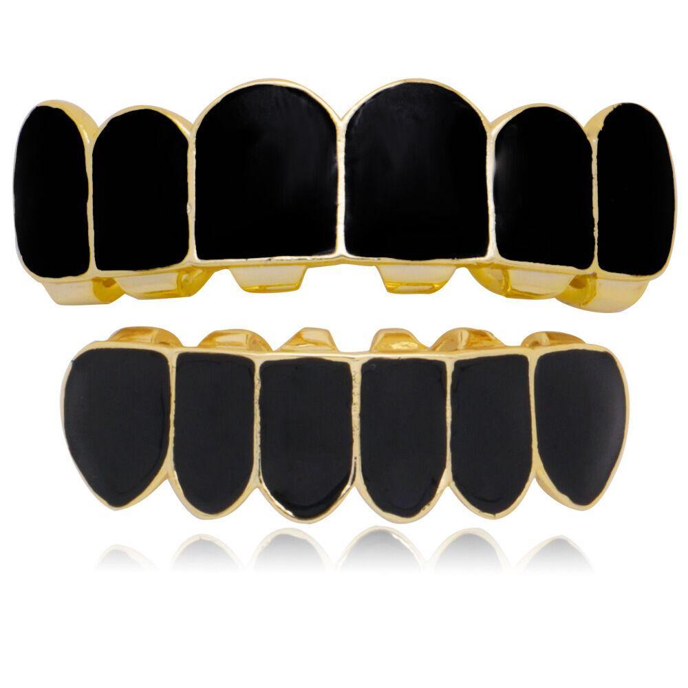 Punk Black Matte Braces Hiphop Grillz Gold Plated Dentures Set Teeth Jewelry