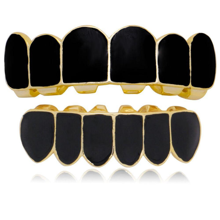 Punk Black Matte Braces Hiphop Grillz Gold Plated Dentures Set Teeth Jewelry