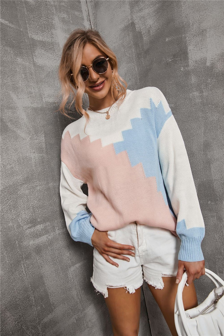 Patchwork Round Neck Plus Size Loose Sweater Long Sleeve Sweater