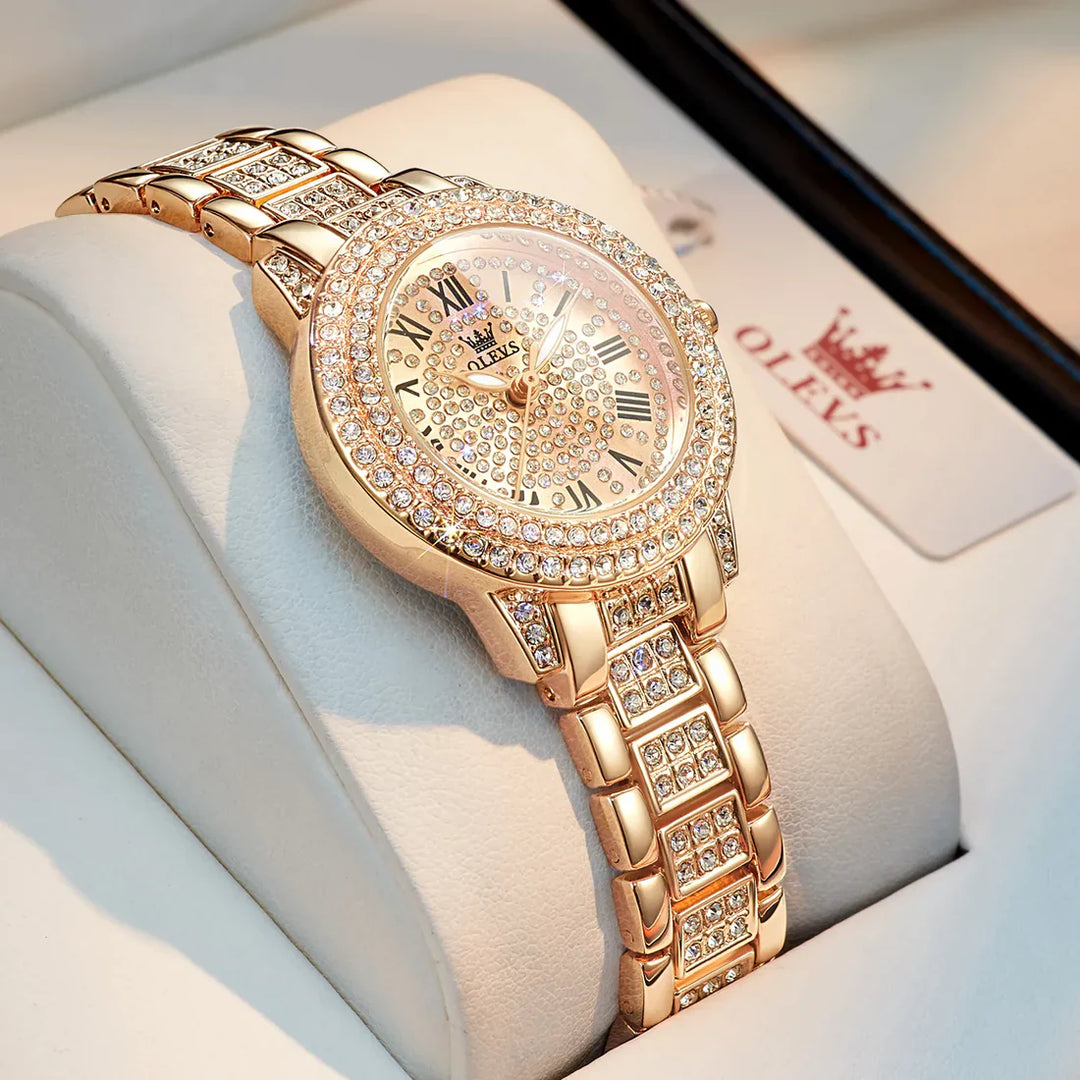 Diamond-Encrusted Stainless Steel Quartz Watch for Women