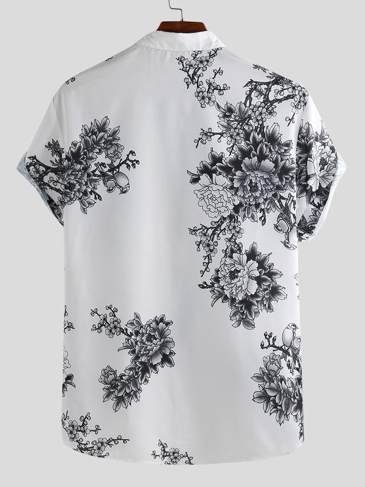 Mens Chinese Style Porcelain Floral Printed Short Sleeve Turn Down Collar Casual Shirts