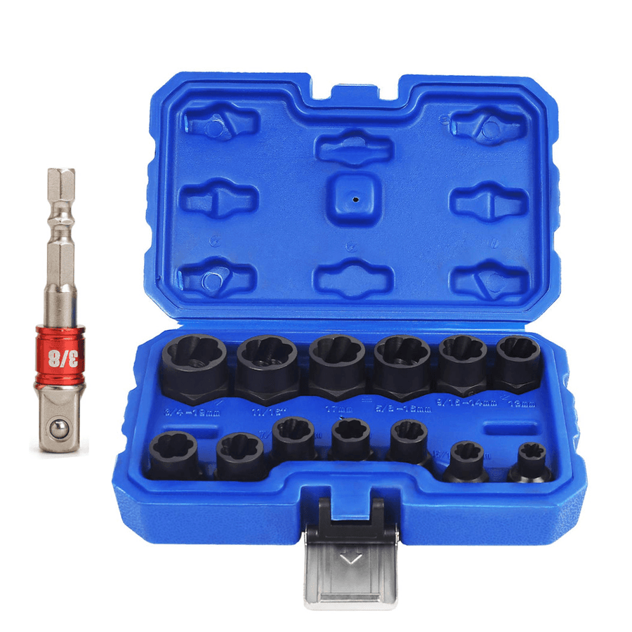 14pcs Impact Damaged Bolt Nut Remover Extractor Socket Tool Set with Socket Nut Adapter Bolt Nut Screw Removal Socket Wrench - MRSLM