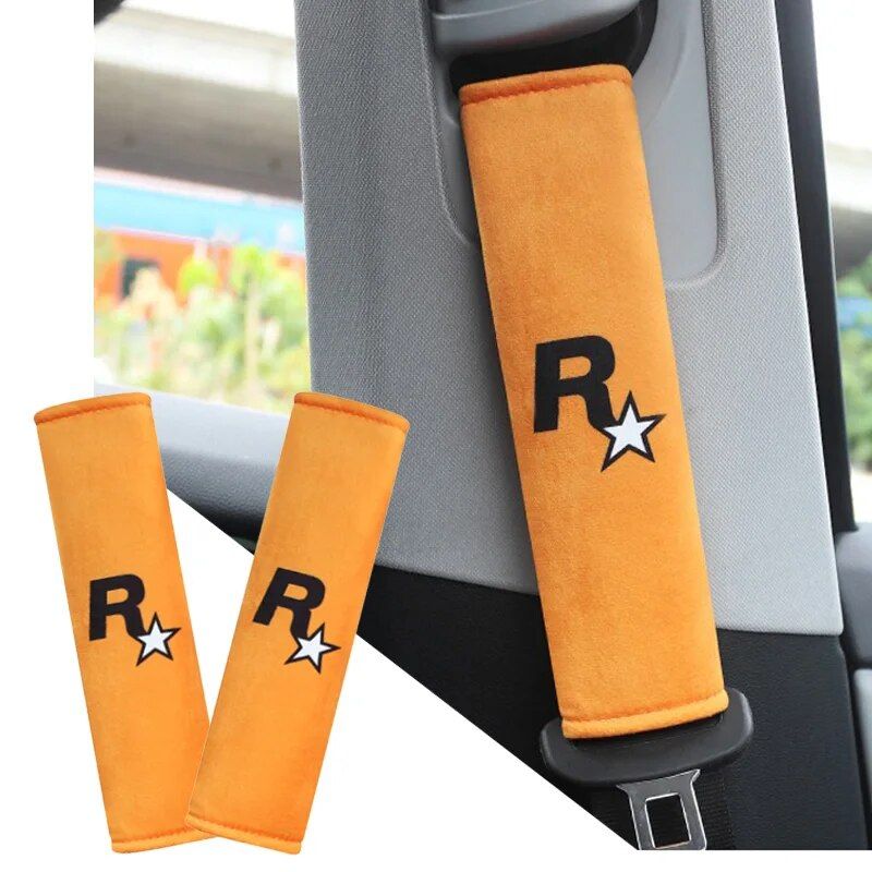 2pcs Yellow Car Seat Belt Covers with GTA Auto 5 Design