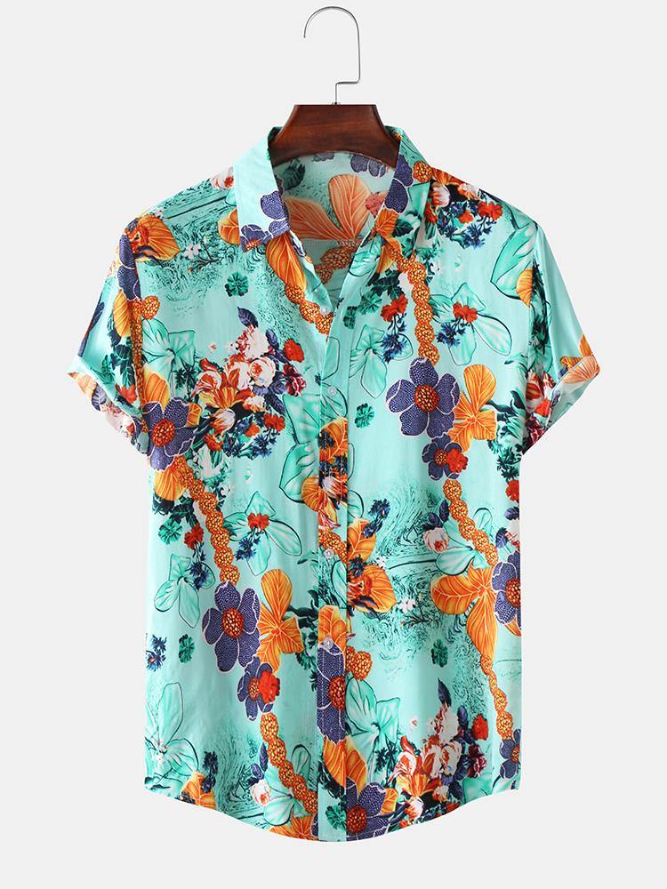 Mens Cotton Floral Oil Printing Turn Down Collar Short Sleeve Shirts - MRSLM