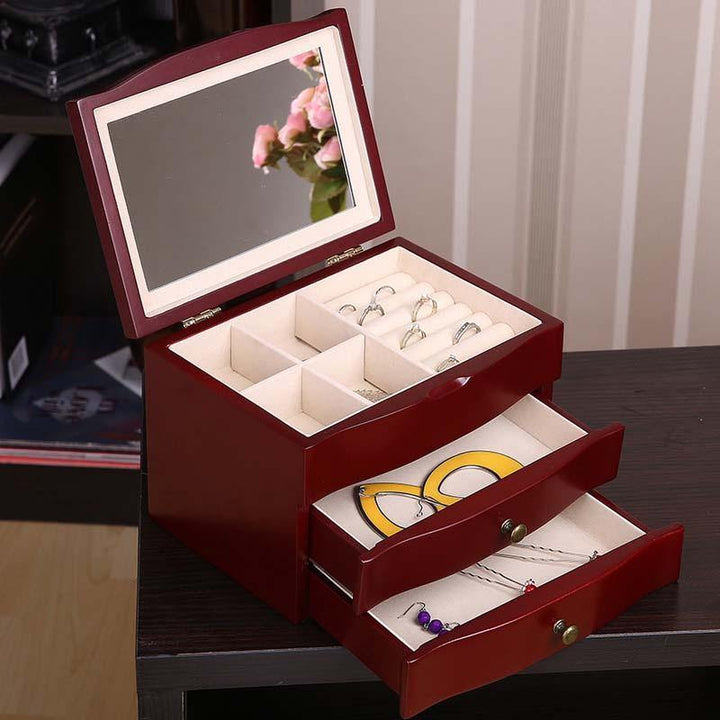 Wooden Jewelry Box with Mirror Three Floors Make-up Box Jewelry Dressing Box