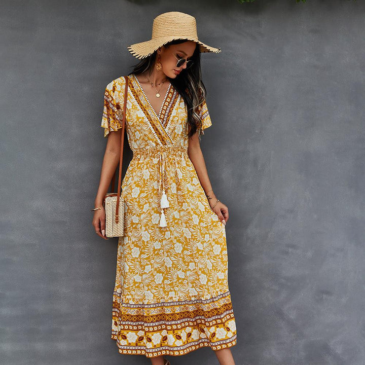 2021 Bohemian Dress Summer Women Clothing Loose V-Neck Casual Beach Sundresses - MRSLM