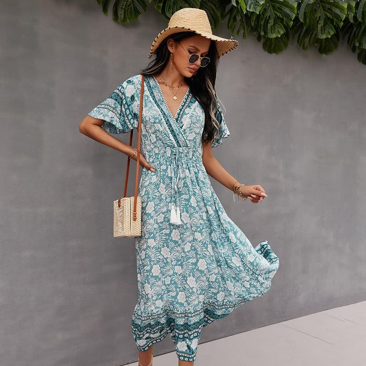 2021 Bohemian Dress Summer Women Clothing Loose V-Neck Casual Beach Sundresses - MRSLM