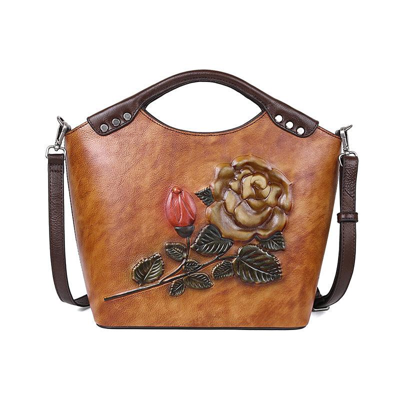 New Three-dimensional Embossed Rose Flower Head Layer Cowhide Handbags