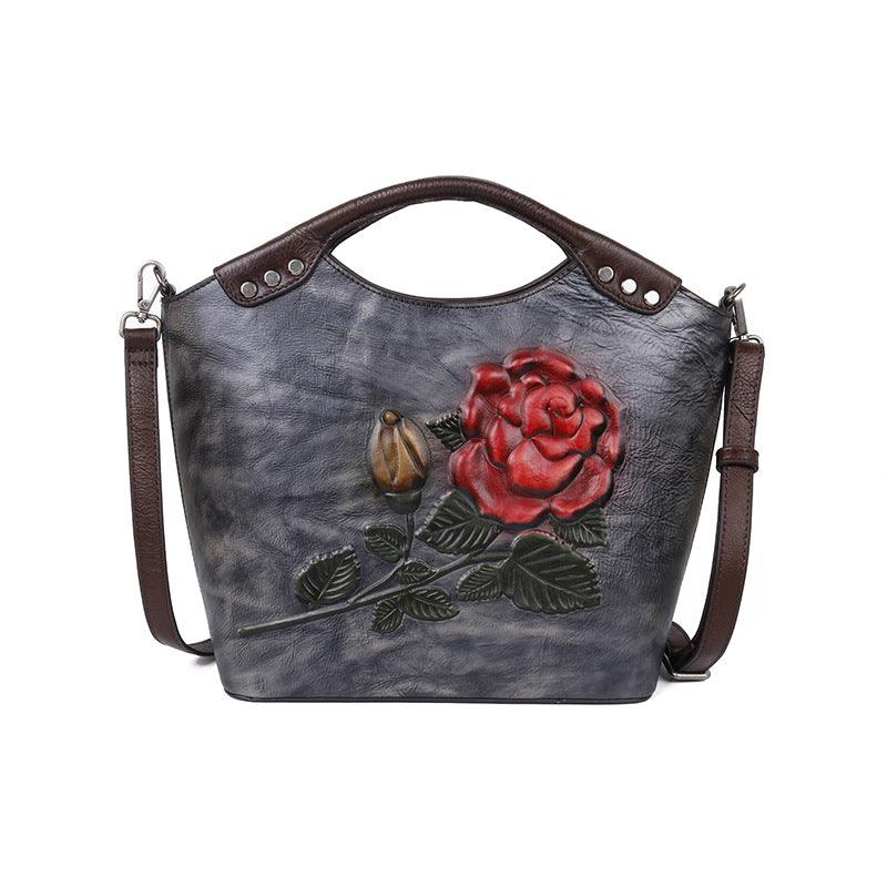 New Three-dimensional Embossed Rose Flower Head Layer Cowhide Handbags