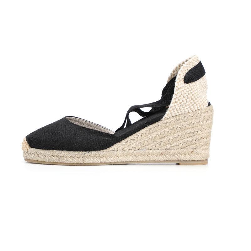 Hemp Rope Straw Sandals Sponge Cake Thick-soled Wedges With Baotou Linen