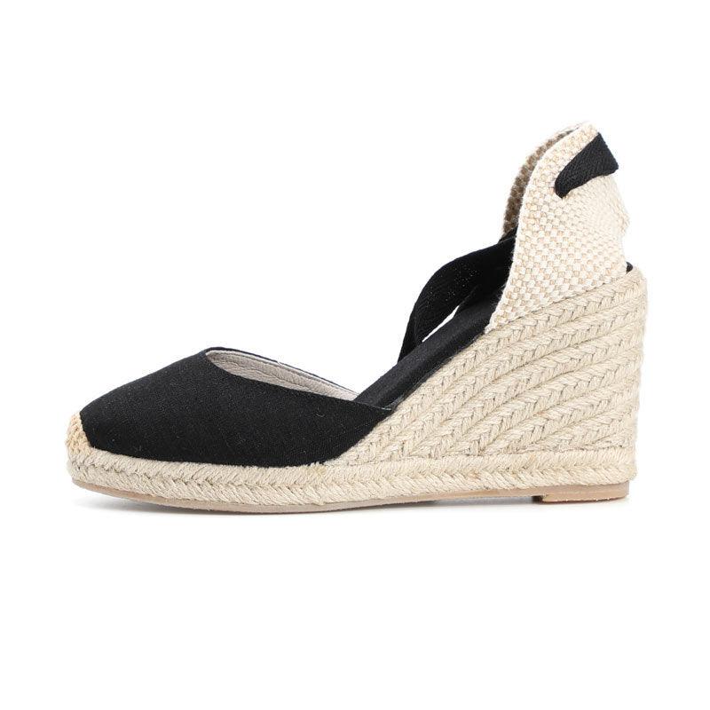 Hemp Rope Straw Sandals Sponge Cake Thick-soled Wedges With Baotou Linen