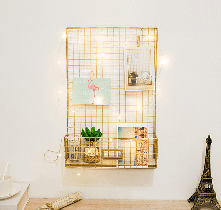 Gold Wall Hanging Storage Rack DIY Iron Mesh Grid Multi-function Photo Display Panel Hanging Home Decorative Shelf Holder