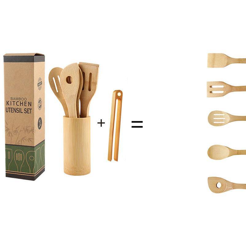 Bamboo Spatula Set with Square Holder Eco-Friendly with Ergonomic Handle Kitchen Utensil - MRSLM